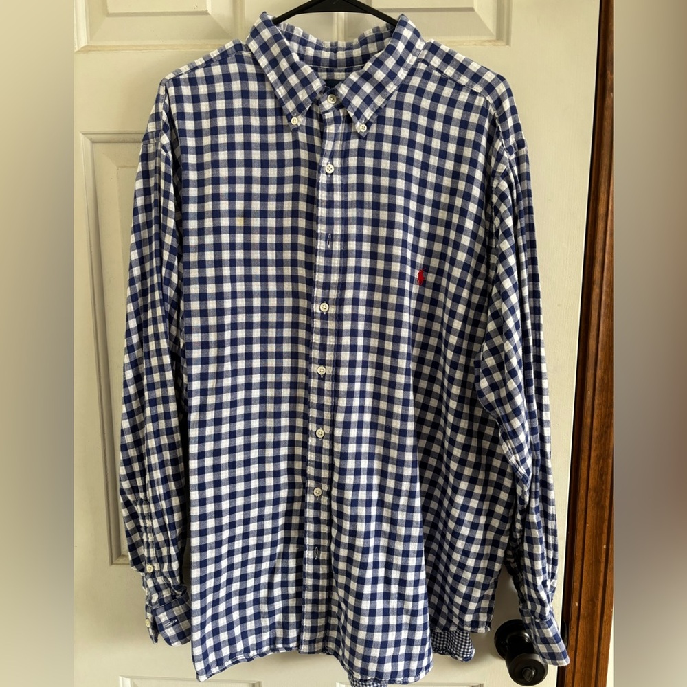 Men’s Ralph Lauren 2-layer gingham dress shirt 2X Big and Tall royal white